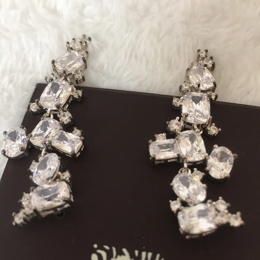 ANNE KLEIN Long Dangling Crystal Link Silver Tone